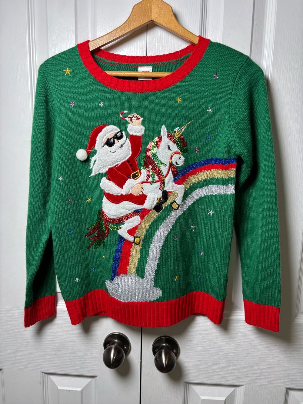 Holiday Time Santa Riding Unicorn Rainbow Christmas Sweater XL 14-16